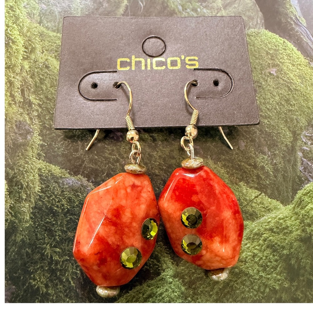 Chico's Drop Earrings Y2K Marbled Resin Red Orange Green Sequin Gold Tone 2" NOS